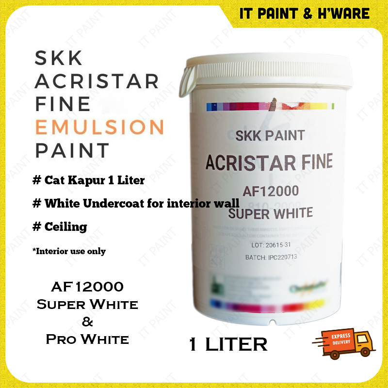 [1 Liter] SKK Acristar Fine Pro White & AF12000 Super White Emulsion Paint Interior Wall and Ceiling Cat Putih Undercoat