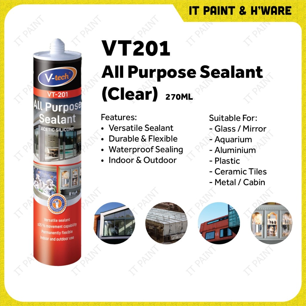 V-Tech VT-201 All Purpose Acetic Silicone Sealant (Clear) Gam Aquarium Gam Cermin Silicon Clear Akuarium - Image 3