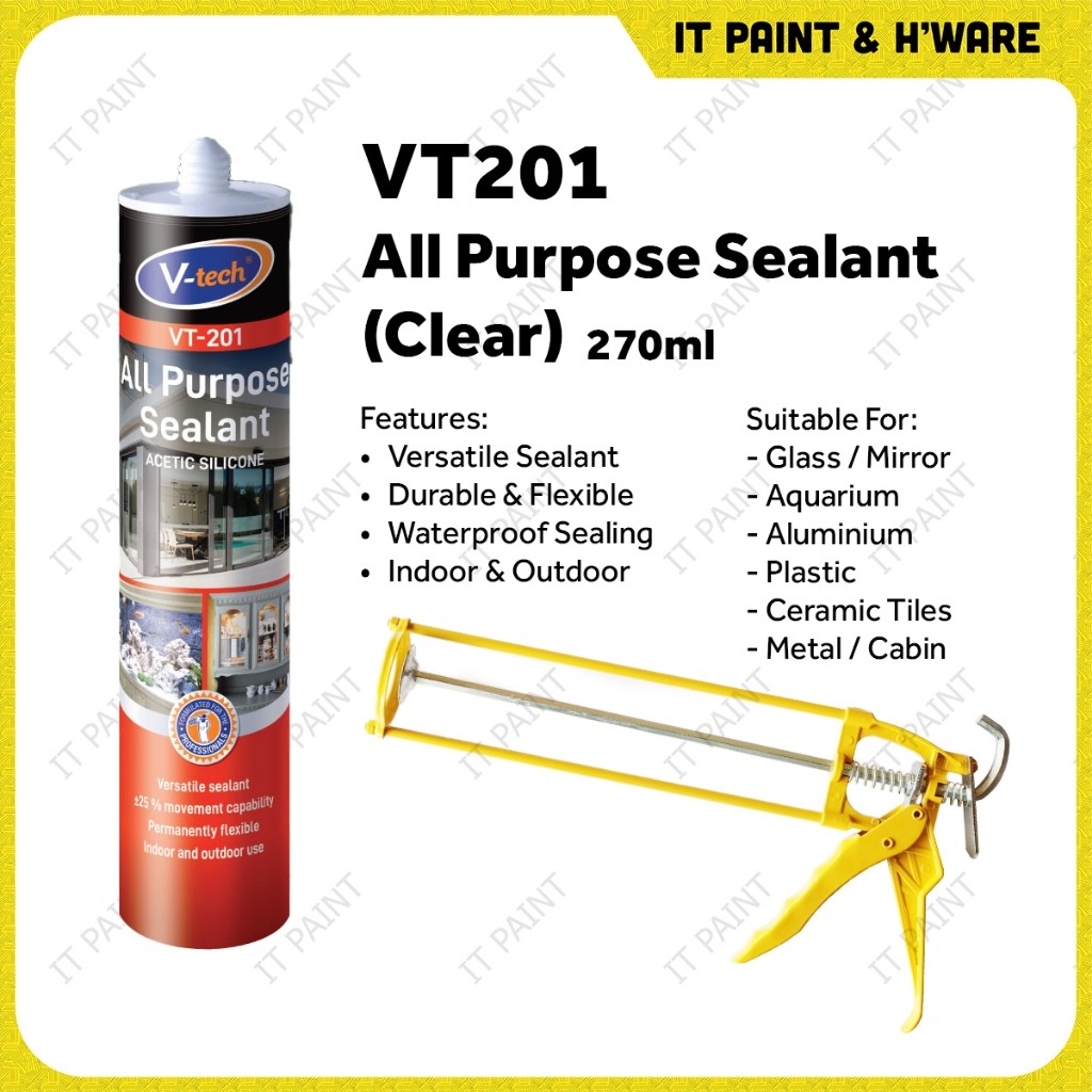 V-Tech VT-201 All Purpose Acetic Silicone Sealant (Clear) Gam Aquarium Gam Cermin Silicon Clear Akuarium - Image 2